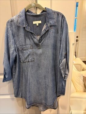 Side Stitch Denim Chambray Tunic - Blue